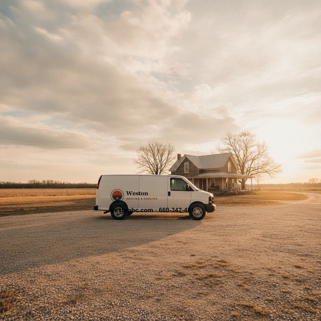 Weston Heating & Cooling service van parked at a rural Missouri farmhouse in late-afternoon light, the seasonal light stretching across the property