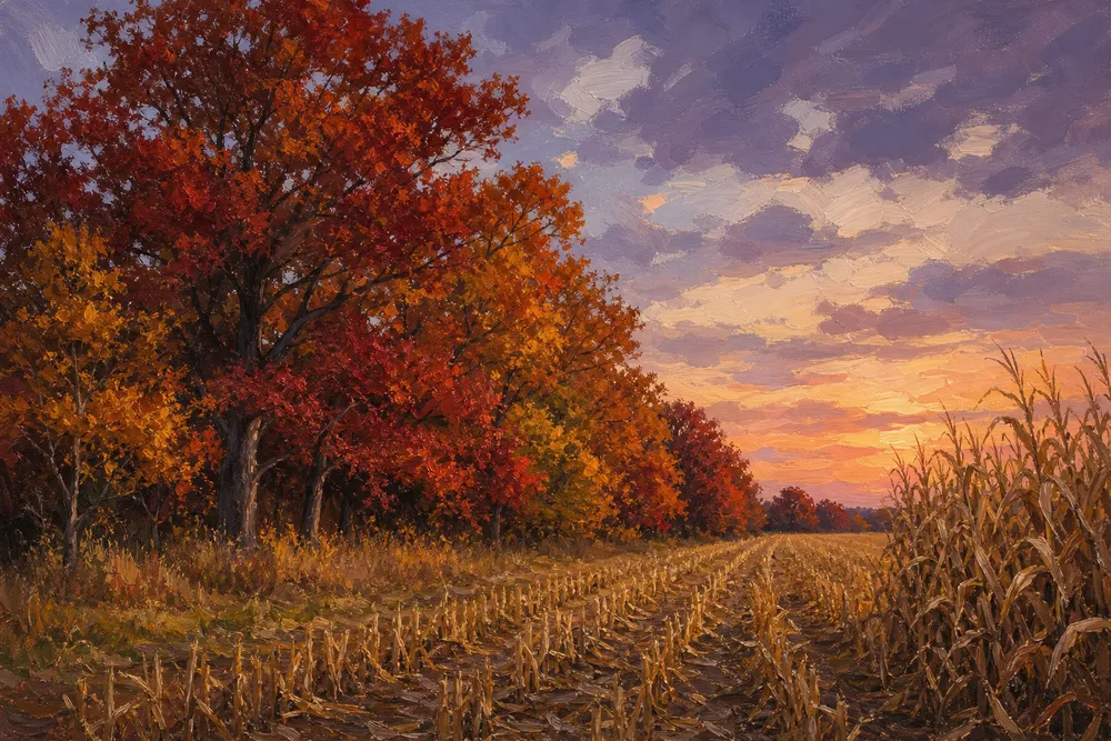 Painterly illustration of an oak windbreak turning red-gold beside a fallow Missouri cornfield at dusk.