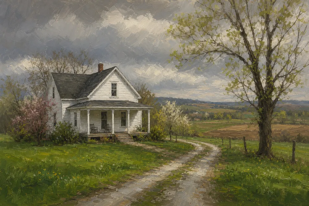 Painterly illustration of a small white Missouri farmhouse in early spring, soft rain in the western sky.