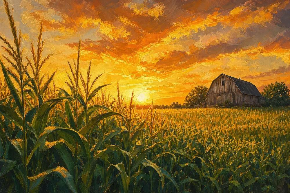 Painterly illustration of a Missouri cornfield at sunset in high summer, an old barn on the horizon.