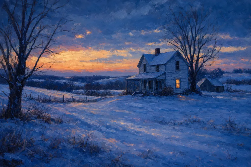 Painterly illustration of a snowy Missouri farmhouse at dusk with a single warm window glowing.