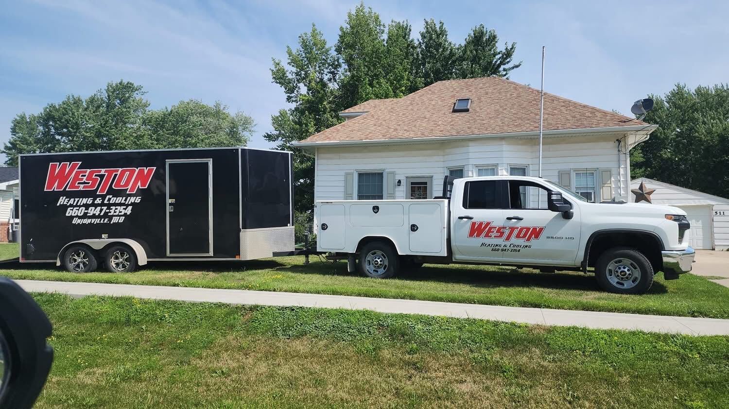 Weston Heating & Cooling service truck and trailer parked outside a customer's home